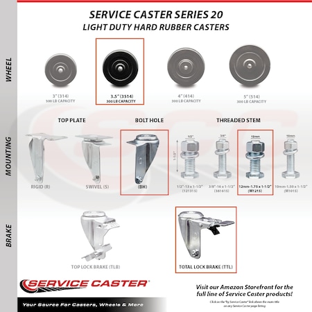 Service Caster 3.5 Inch Hard Rubber Swivel 12mm Threaded Stem Caster Total Lock Brake, 2PK SCC-TSTTL20S3514-HRS-M1215-2-S-2